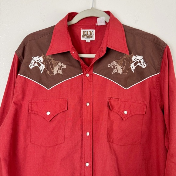 Vintage Ely Cattleman red pearl snap button popper horse western cowboy shirt L - Picture 3 of 11